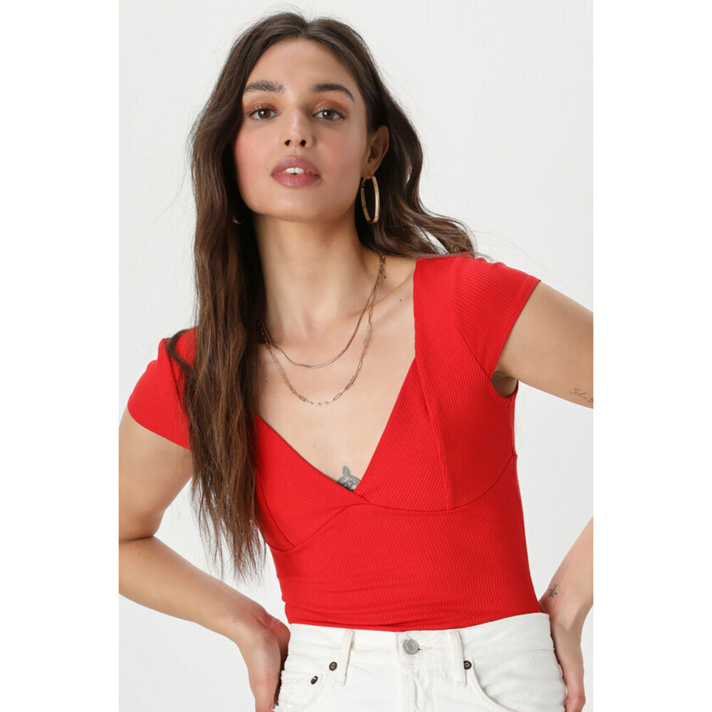 Lulus Red Ribbed V-neck Cap Sleeve Bodysuit - Size M